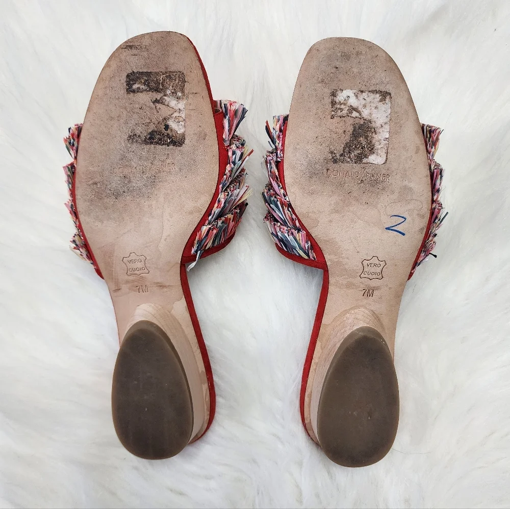 Donald Pliner Reise Red Suede Multi-Color Raffia Fringe Slide Sandals Sz 7M